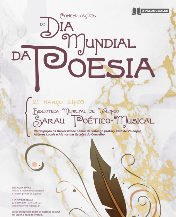 Cartaz do Dia Mundial da Poesia, com detalhes do evento na Biblioteca de Valongo.