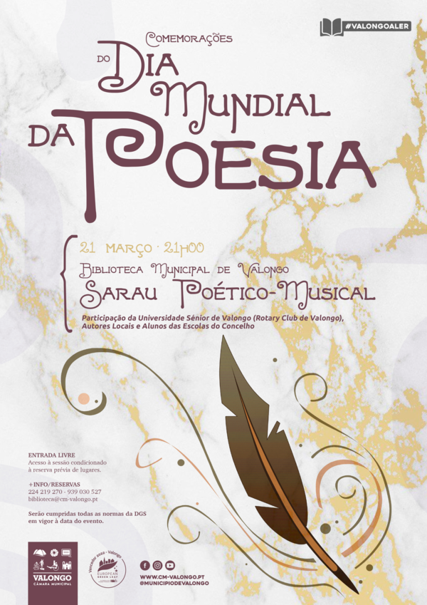 Cartaz do Dia Mundial da Poesia, com detalhes do evento na Biblioteca de Valongo.