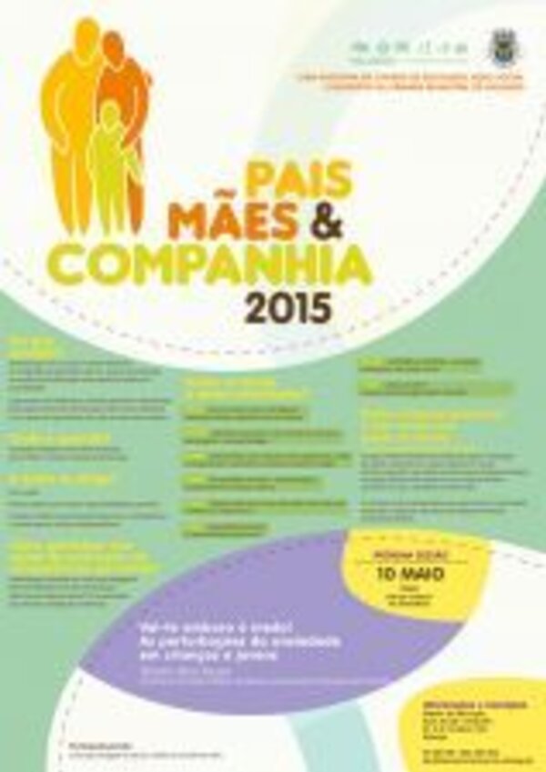 Cartaz do evento 'Pais, Mães & Companhia 2015' com informações e datas.