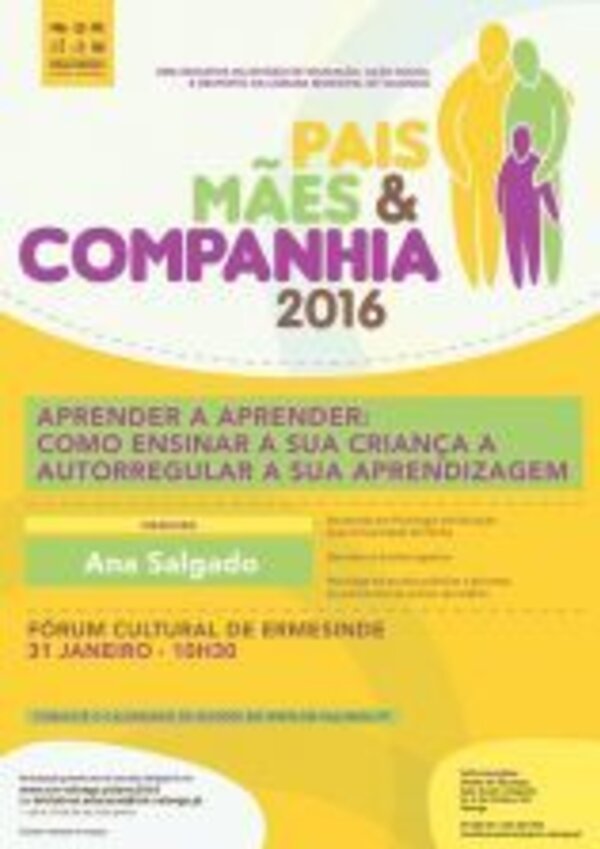 Cartaz do evento 'Pais, Mães & Companhia 2016' com informações sobre a palestra.