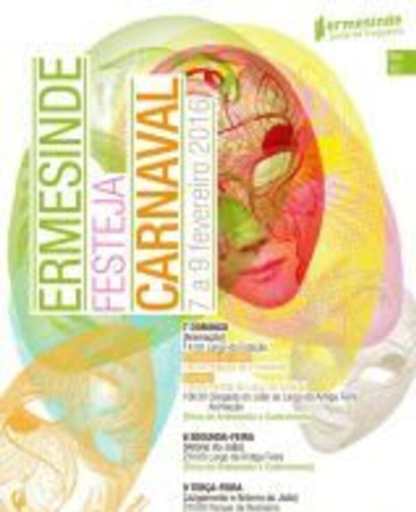 Cartaz do Carnaval de Ermesinde, com máscaras coloridas e informações do evento.
