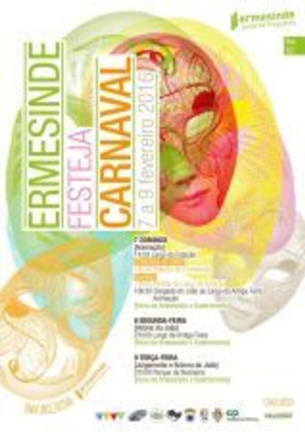 Cartaz do Carnaval de Ermesinde, com máscaras coloridas e informações do evento.