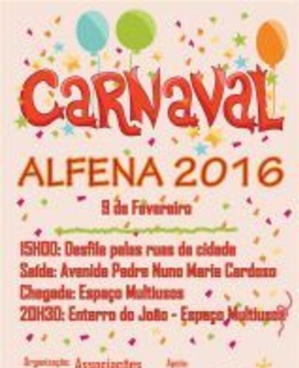 Cartaz do Carnaval de Alfena 2016 com informações sobre o evento.