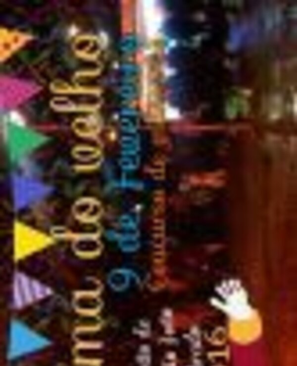 Cartaz da Queima do Velho, com cores vibrantes e figuras festivas.