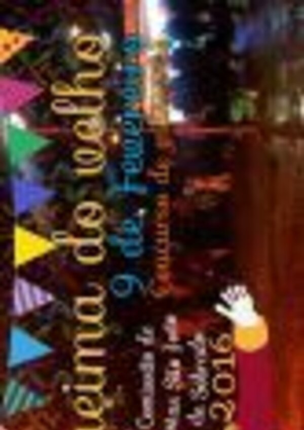 Cartaz da Queima do Velho, com cores vibrantes e figuras festivas.