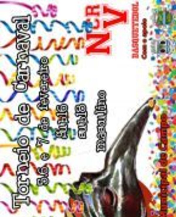 Cartaz do I Torneio de Carnaval de Basquetebol, com confetes e uma bola.