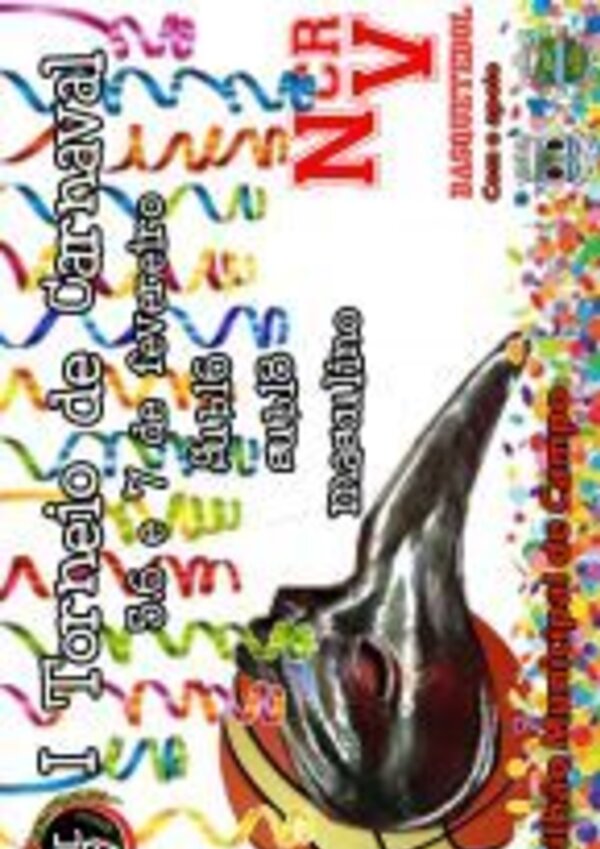 Cartaz do I Torneio de Carnaval de Basquetebol, com confetes e uma bola.