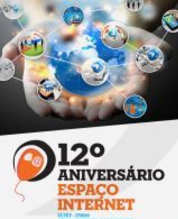 Cartaz do 12º aniversário do Espaço Internet, com ícones de tecnologia.