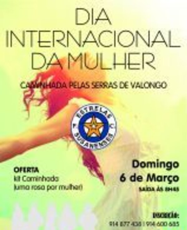 Cartaz do Dia Internacional da Mulher com informações sobre uma caminhada.