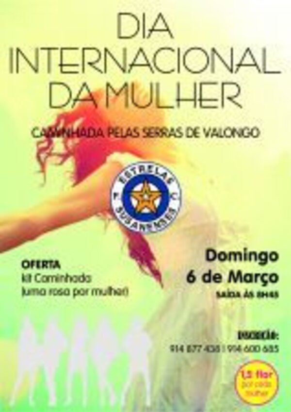 Cartaz do Dia Internacional da Mulher com informações sobre uma caminhada.