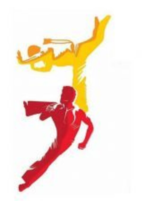 Silhuetas de um homem a correr e uma mulher em acrobacia, em cores vibrantes.