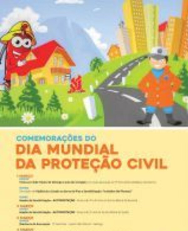 Cartaz colorido sobre o Dia Mundial da Proteção Civil, com personagens e eventos.
