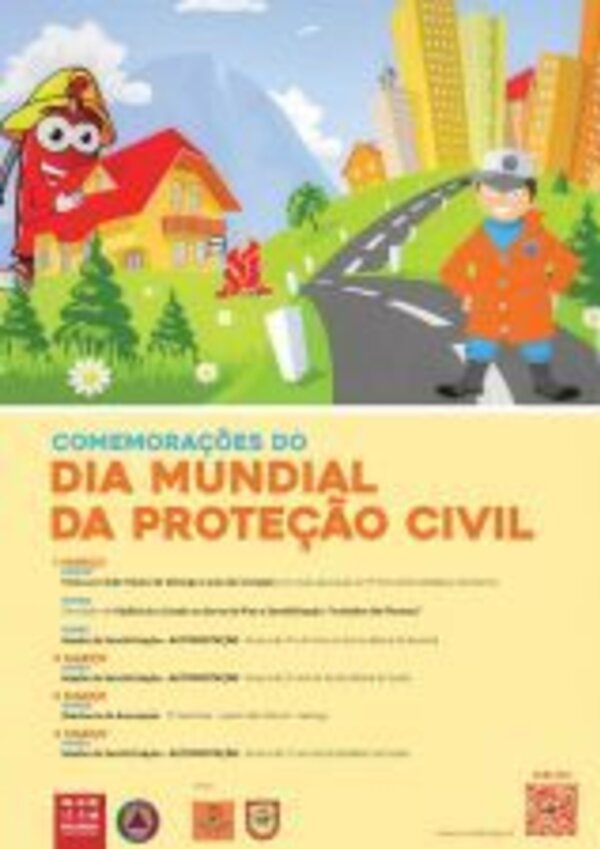 Cartaz colorido sobre o Dia Mundial da Proteção Civil, com personagens e eventos.