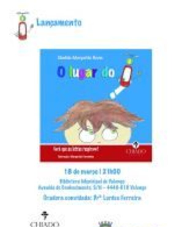 Cartaz de lançamento do livro 'O lugar do' com ilustração infantil e detalhes do evento.