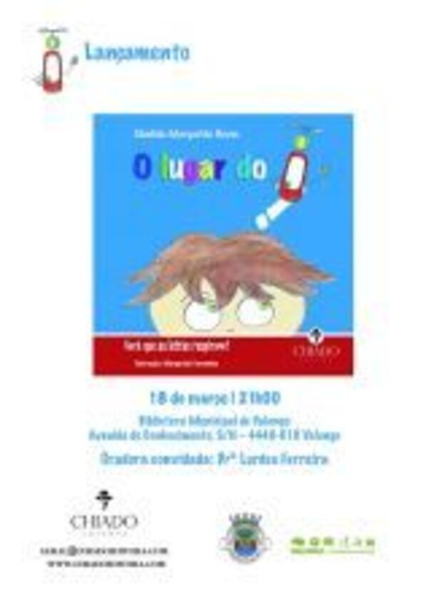 Cartaz de lançamento do livro 'O lugar do' com ilustração infantil e detalhes do evento.
