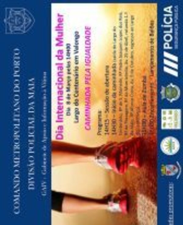 Cartaz sobre a Caminhada pela Igualdade no Dia Internacional da Mulher.