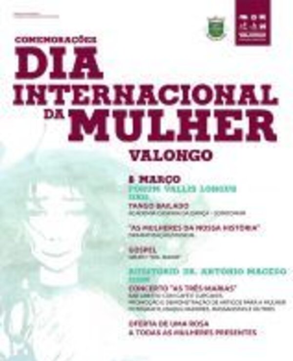 Cartaz do Dia Internacional da Mulher em Valongo, com eventos e datas.