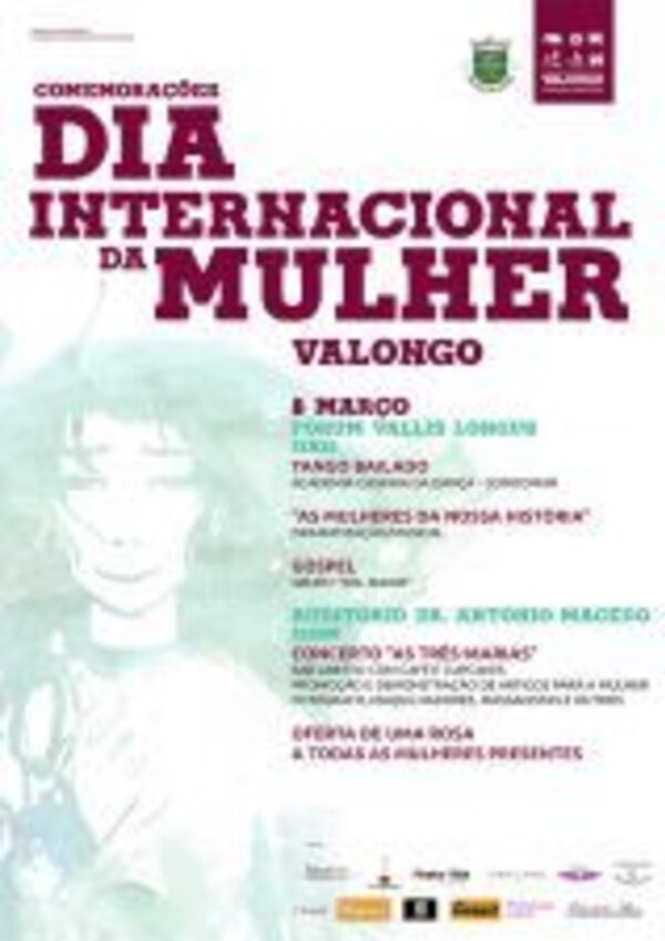 Cartaz do Dia Internacional da Mulher em Valongo, com eventos e datas.
