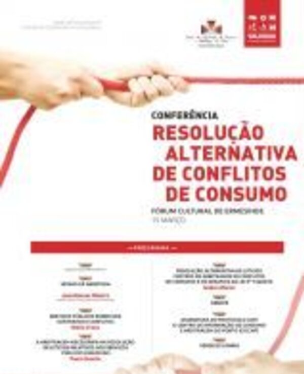 Cartaz da conferência sobre resolução de conflitos de consumo, com mãos segurando uma corda.