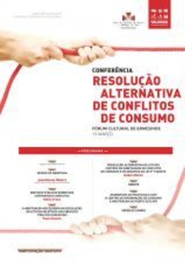Cartaz da conferência sobre resolução de conflitos de consumo, com mãos segurando uma corda.