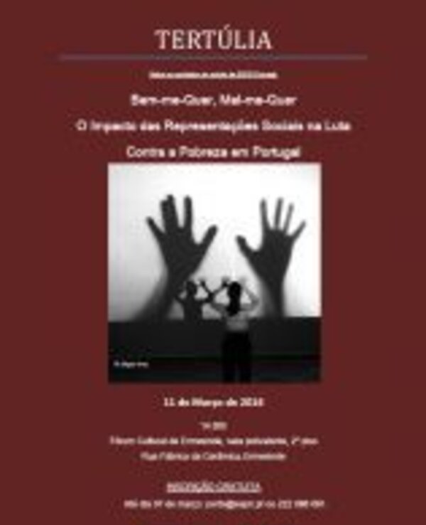 Cartaz de tertúlia com silhuetas de mãos e informações sobre o evento.