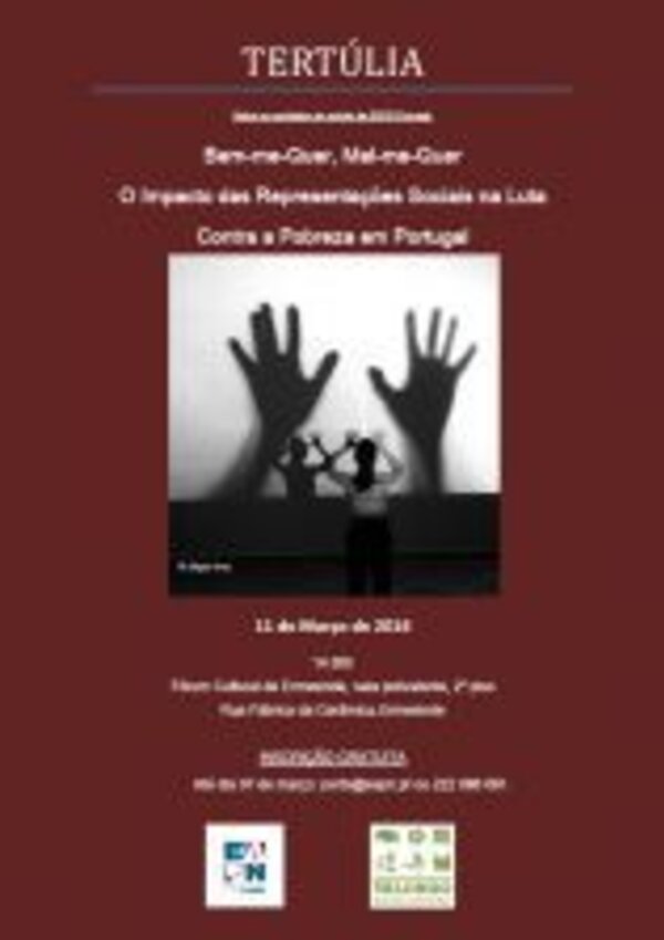 Cartaz de tertúlia com silhuetas de mãos e informações sobre o evento.