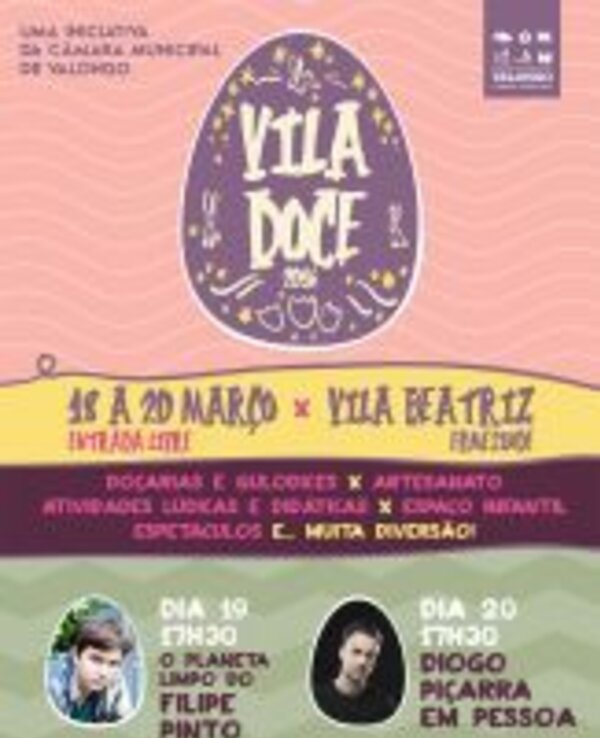 Cartaz do evento 'Vila Doce' com datas e atividades programadas.
