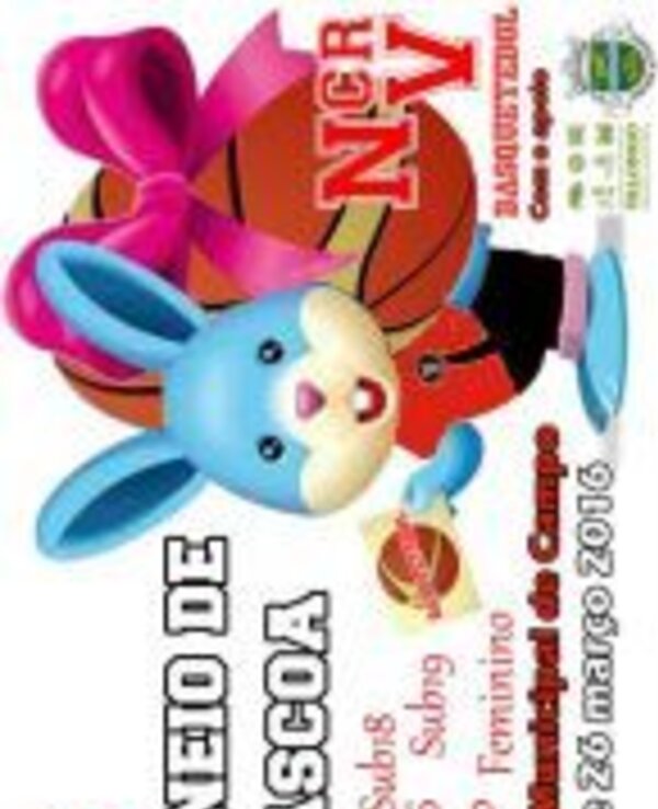 Cartaz do Torneio de Páscoa com um coelho a segurar uma bola de basquetebol.