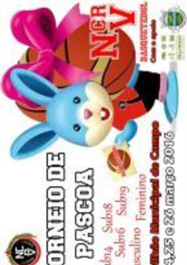 Cartaz do Torneio de Páscoa com um coelho a segurar uma bola de basquetebol.
