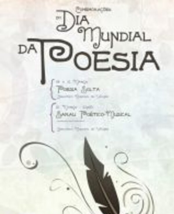 Cartaz do Dia Mundial da Poesia com uma pena e detalhes artísticos.