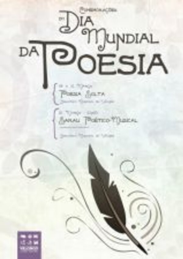 Cartaz do Dia Mundial da Poesia com uma pena e detalhes artísticos.
