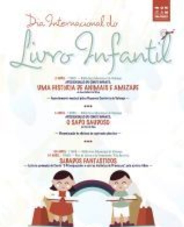 Cartaz do Dia Internacional do Livro Infantil com atividades e ilustrações.