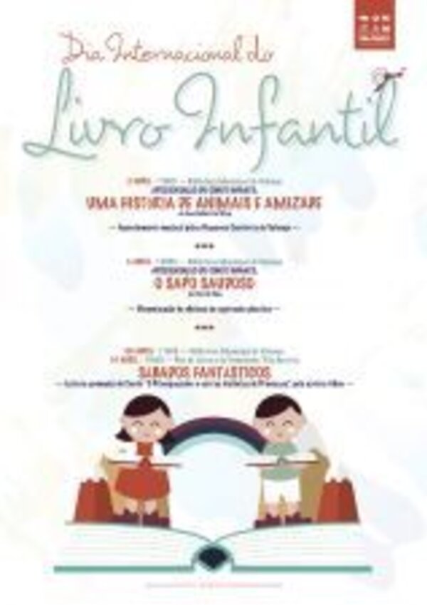 Cartaz do Dia Internacional do Livro Infantil com atividades e ilustrações.