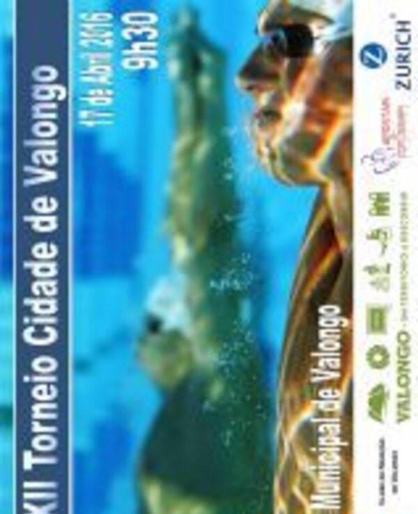 Cartaz do XII Torneio Cidade de Valongo, com nadador em ação na piscina.