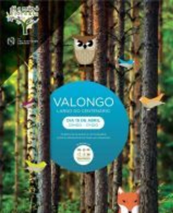 Cartaz colorido sobre um evento em Valongo, com árvores e animais ilustrados.