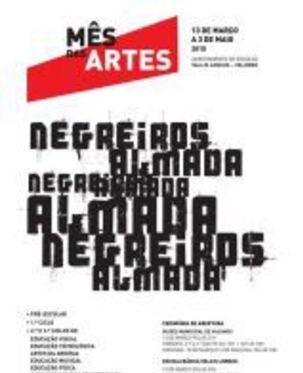 Cartaz do Mês das Artes com texto em várias fontes e informações do evento.