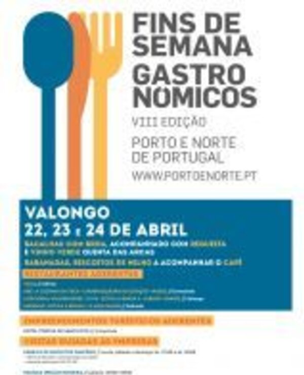 Cartaz do evento 'Fins de Semana Gastronómicos' em Valongo, com datas e informações.