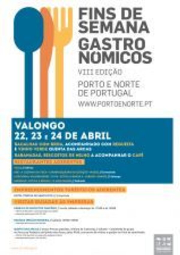 Cartaz do evento 'Fins de Semana Gastronómicos' em Valongo, com datas e informações.