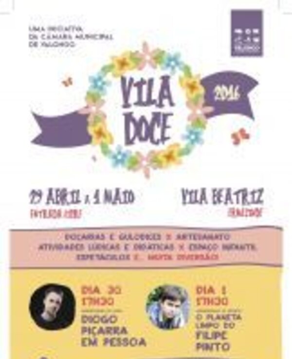 Cartaz do evento 'Vila Doce' com datas e atividades programadas.