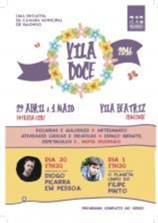 Cartaz do evento 'Vila Doce' com datas e atividades programadas.