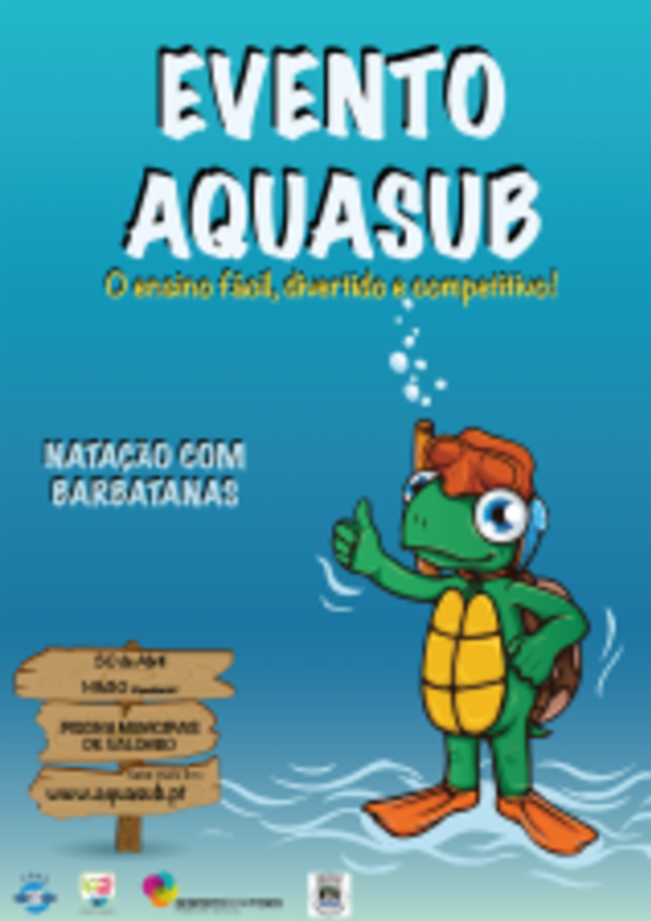 Cartaz do evento Aquasub com uma tartaruga a dar um polegar para cima.