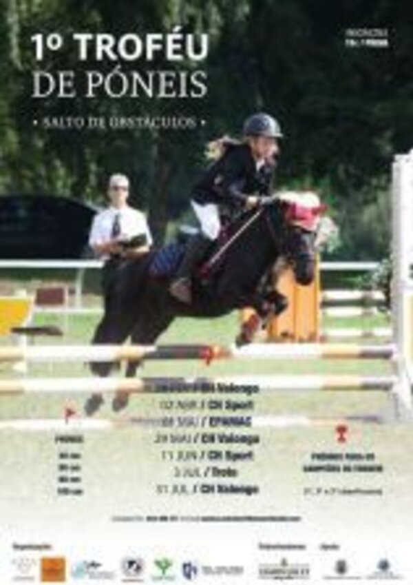 Cavaleiro em salto de obstáculos com pónies, evento de competição e datas.