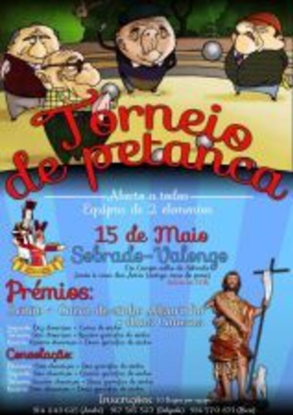 Cartaz do Torneio de Petanca com data, local e prémios destacados.