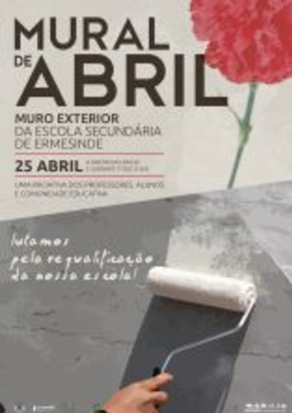 Cartaz do Mural de Abril na Escola Secundária de Ermesinde, com um rolo de pintura.