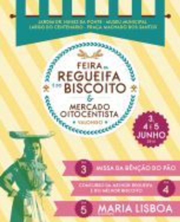 Cartaz da Feira da Regueifa e Biscoito, com datas e eventos destacados.