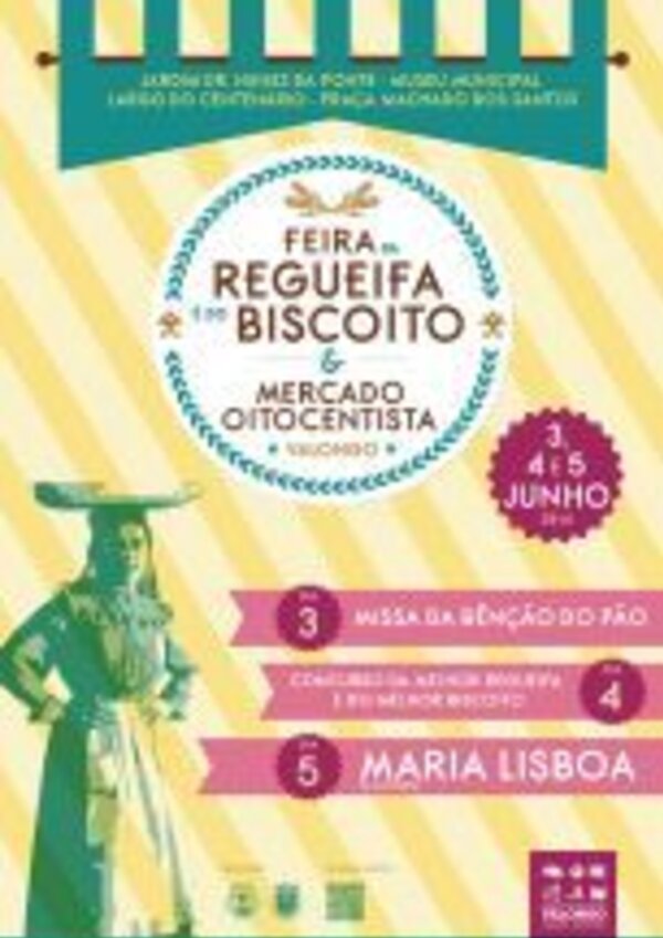 Cartaz da Feira da Regueifa e Biscoito, com datas e eventos destacados.