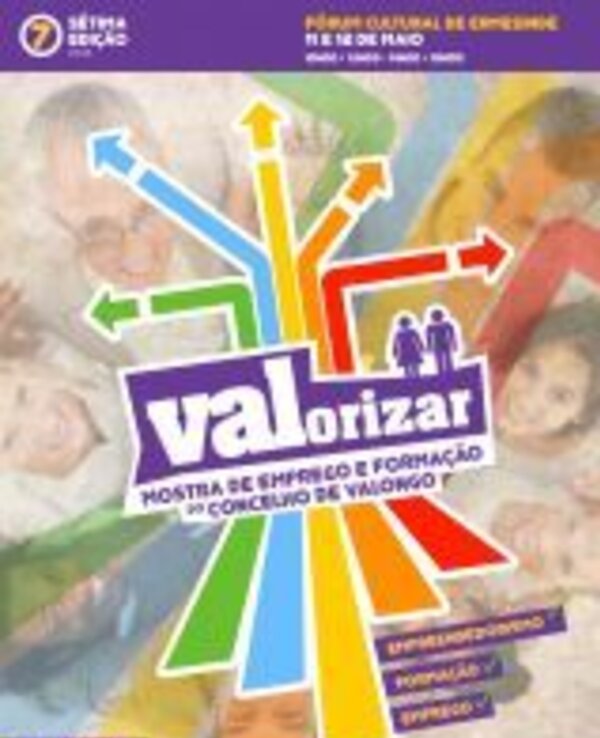 Cartaz colorido da mostra de emprego e formação em Valongo.