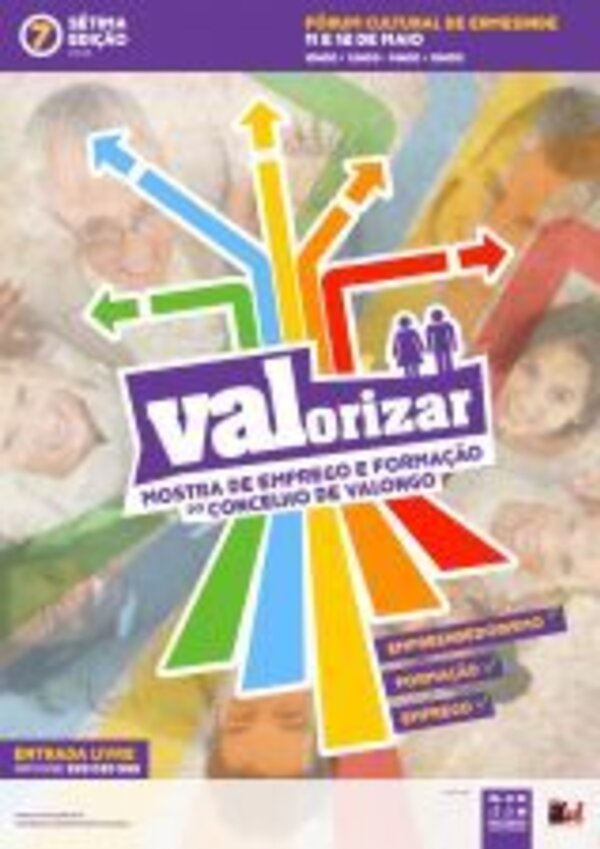 Cartaz colorido da mostra de emprego e formação em Valongo.