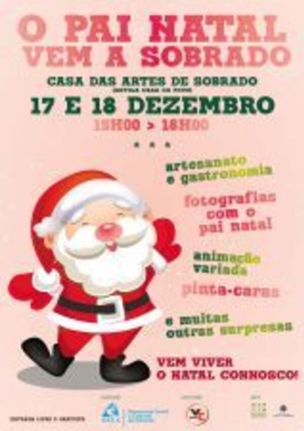 Cartaz do evento 'O Pai Natal Vem a Sobrado' com várias atividades natalinas.
