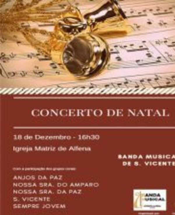 Cartaz do Concerto de Natal com instrumentos musicais e informações do evento.